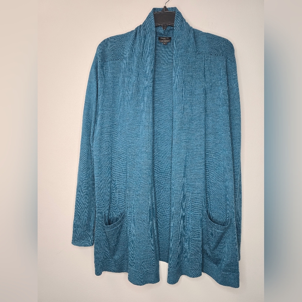 Talbots Dark Teal Blue 100% Merino Wool Open Cardigan Sweater Medium pet…